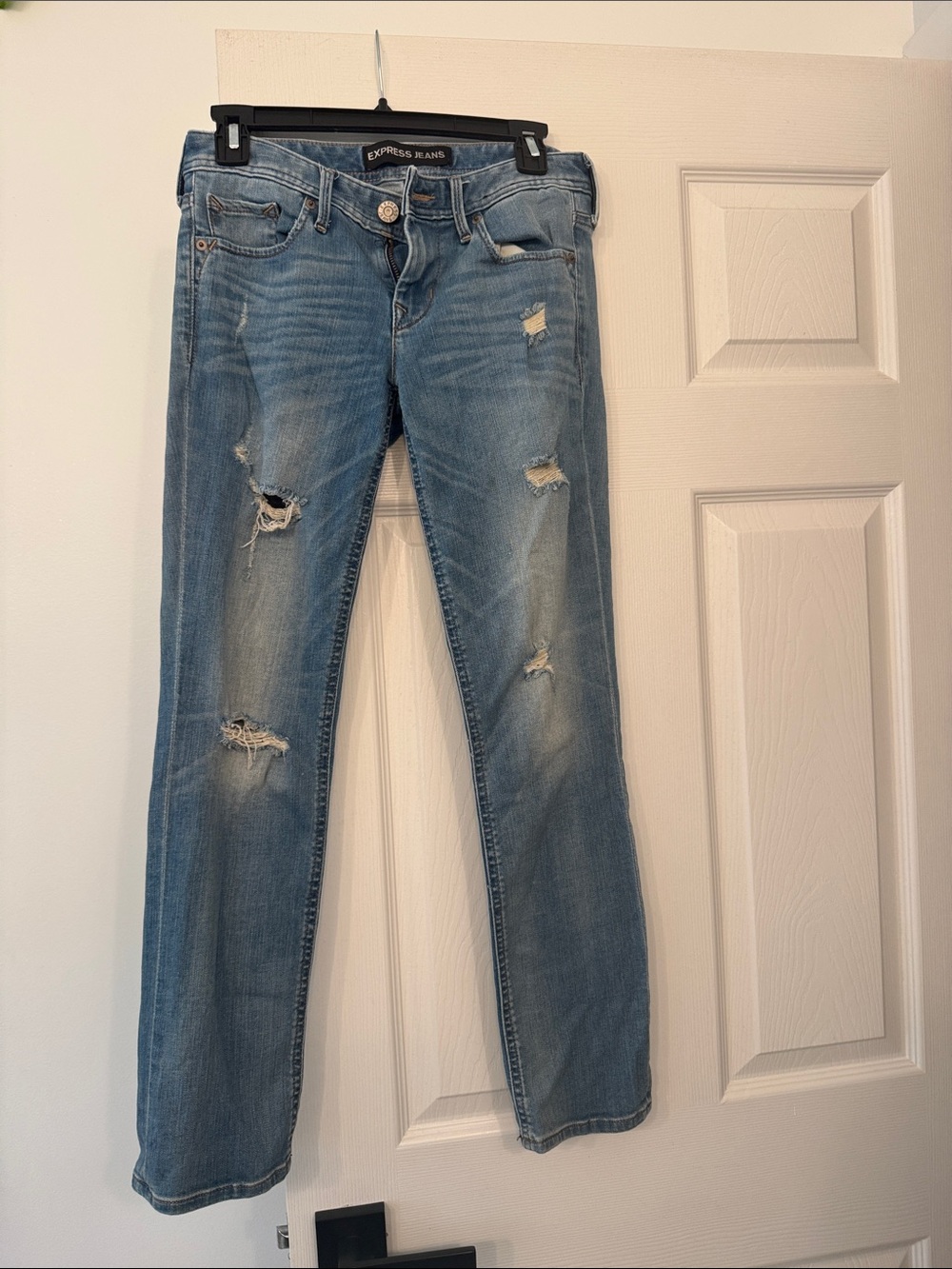 Express Light Blue Distressed Straight Leg Jeans